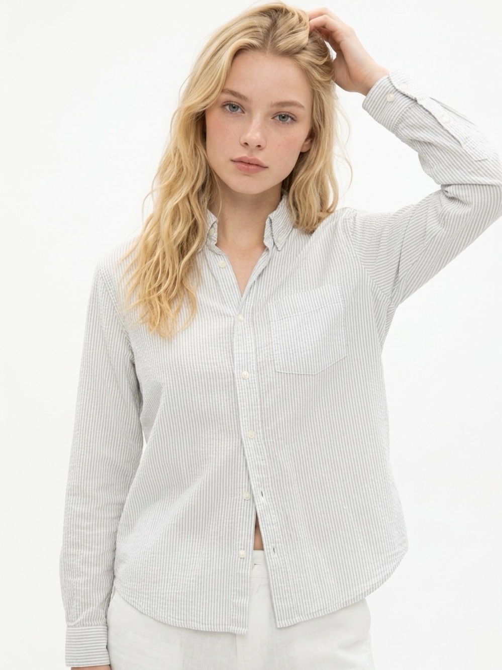 BRANDY MELVILLE | Sage Green & White Striped Cotton Button Up Shirt Women’s OSFM
